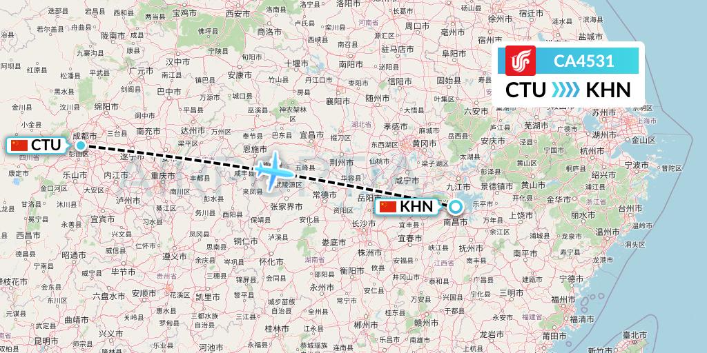 CA4531 Air China Flight Map: Chengdu to Nanchang
