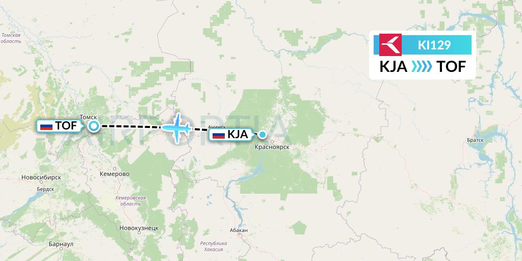 KI129 Krasavia Flight Map: Krasnoyarsk to Tomsk