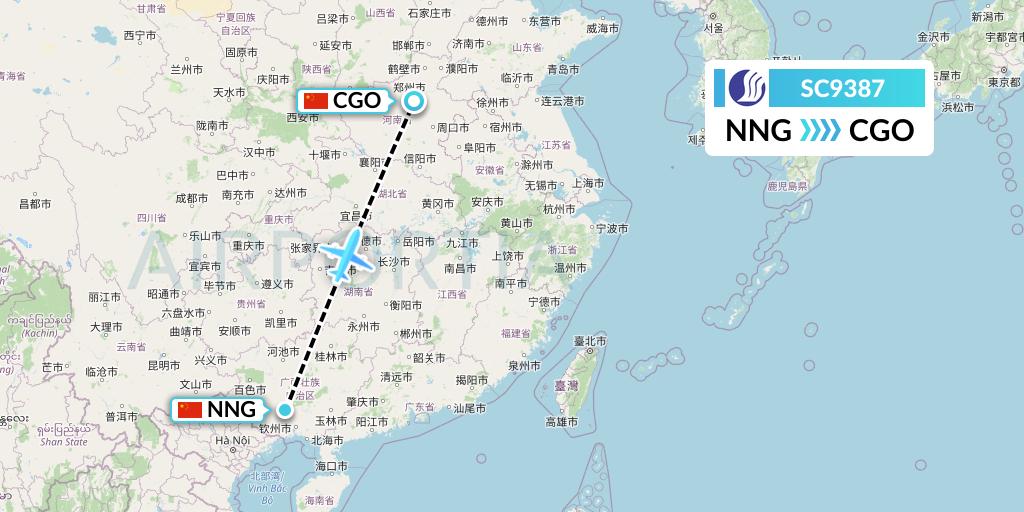 SC9387 Shandong Airlines Flight Map: Nanning to Zhengzhou