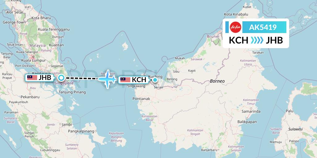 AK5419 AirAsia Flight Map: Kuching to Johor Bahru