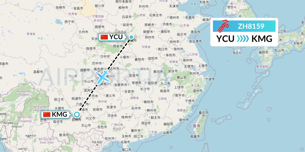 ZH8159 Shenzhen Airlines Flight Map: Yuncheng to Kunming
