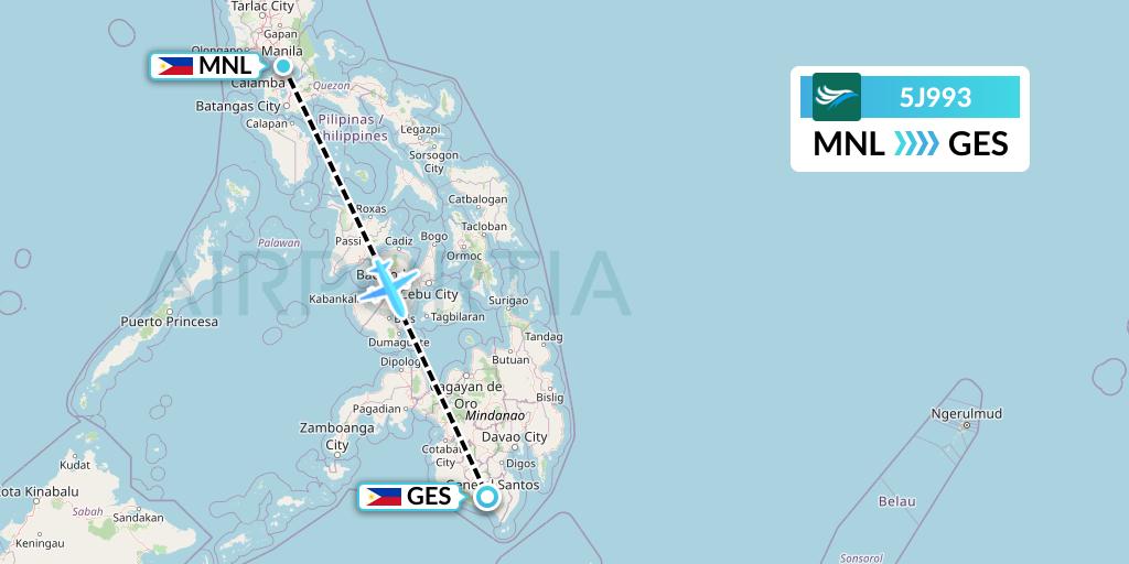 5J993 CEBU Pacific Air Flight Map: Manila to General Santos