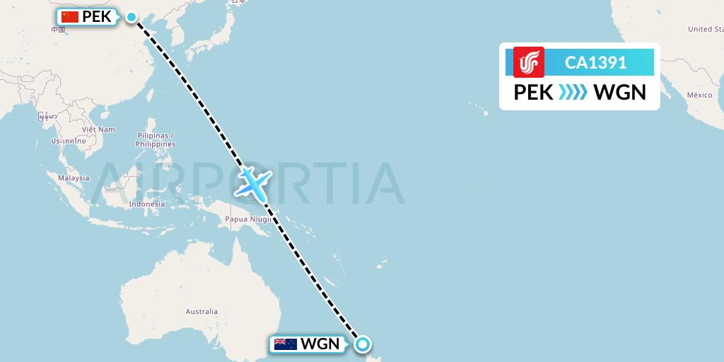 CA1391 Air China Flight Map: Beijing to Waitangi