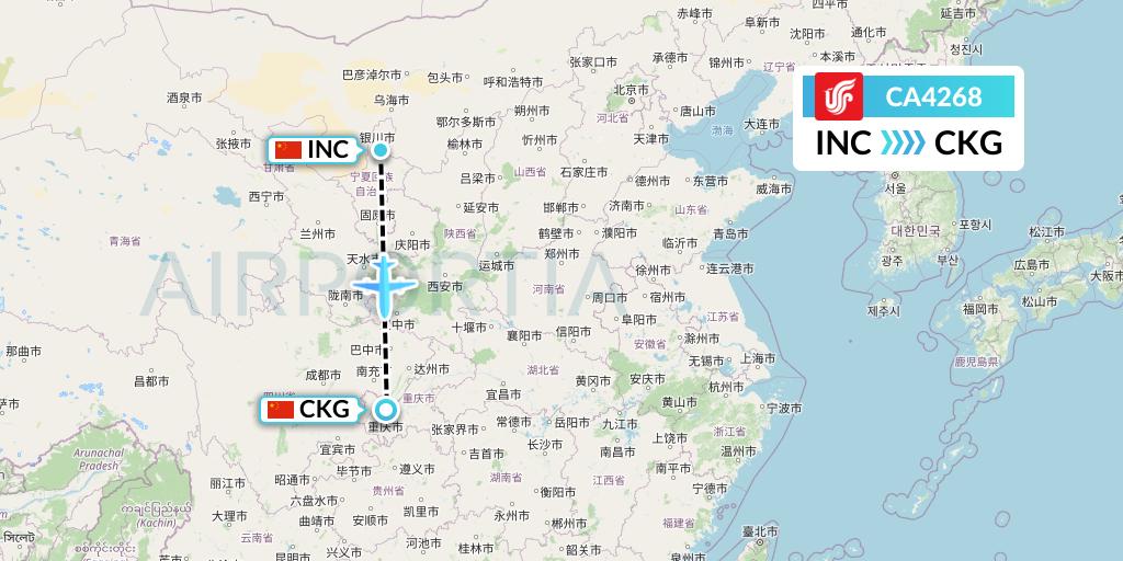 CA4268 Air China Flight Map: Yinchuan to Chongqing