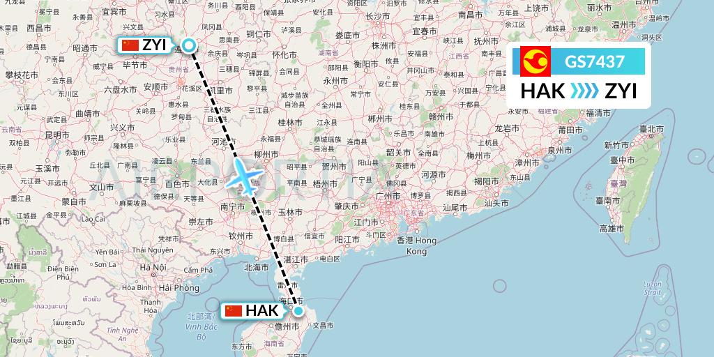 GS7437 Tianjin Airlines Flight Map: Haikou to Zunyi