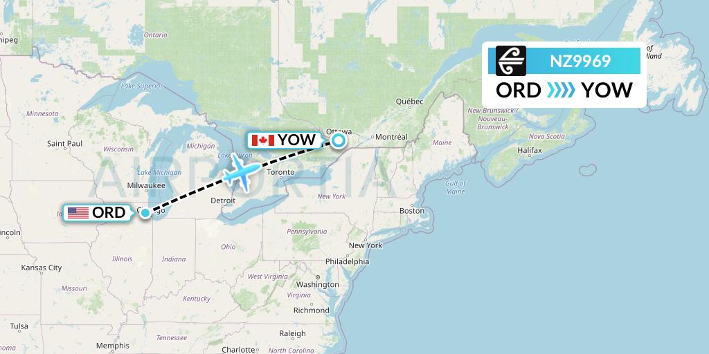 NZ9969 Air New Zealand Flight Map: Chicago to Ottawa