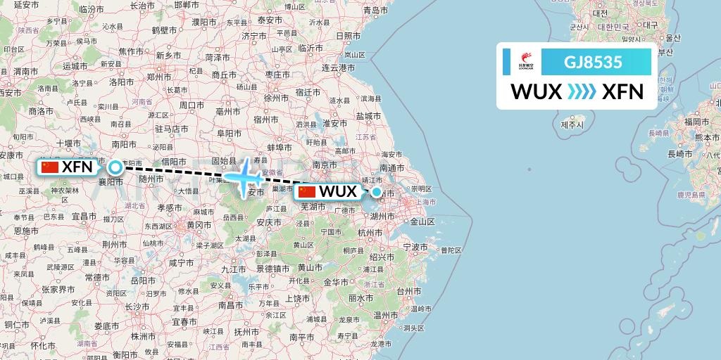 GJ8535 Loong Airlines Flight Map: Wuxi to Xiangyang