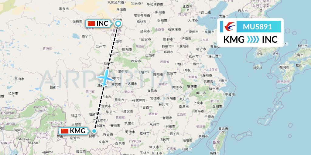 MU5891 China Eastern Airlines Flight Map: Kunming to Yinchuan