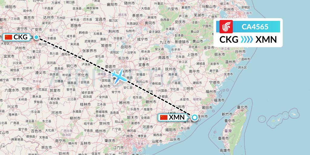 CA4565 Air China Flight Map: Chongqing to Xiamen