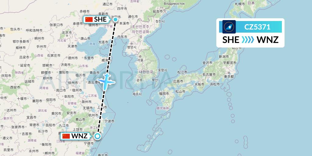 CZ5371 China Southern Airlines Flight Map: Shenyang to Wenzhou