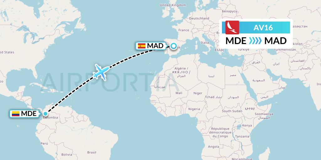 AV16 Avianca Flight Map: Medellin to Madrid