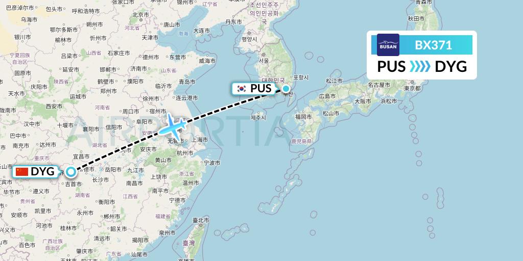 BX371 Air Busan Flight Map: Busan to Dayong