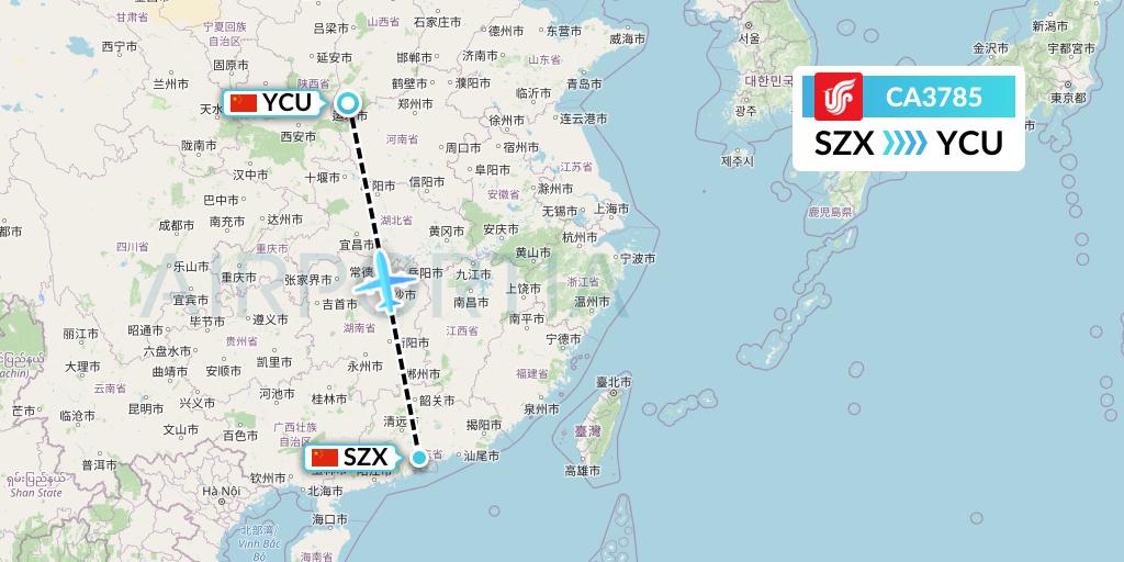 CA3785 Air China Flight Map: Shenzhen to Yuncheng