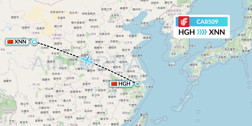 CA8509 Air China Flight Map: Hangzhou to Xining