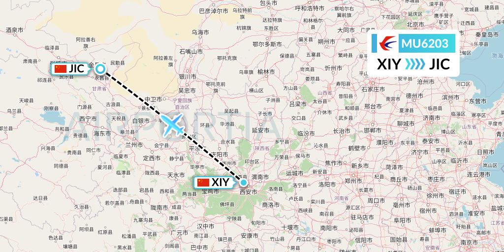 MU6203 China Eastern Airlines Flight Map: Xi'an to Jinchang