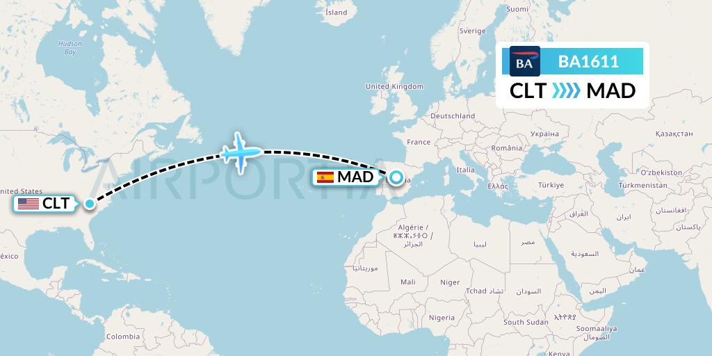 BA1611 British Airways Flight Map: Charlotte to Madrid