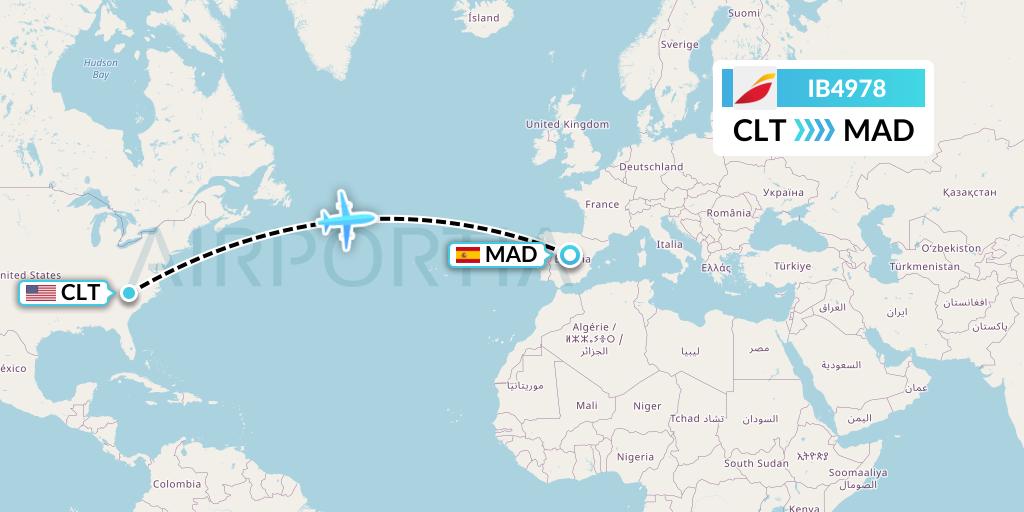 IB4978 Iberia Flight Map: Charlotte to Madrid