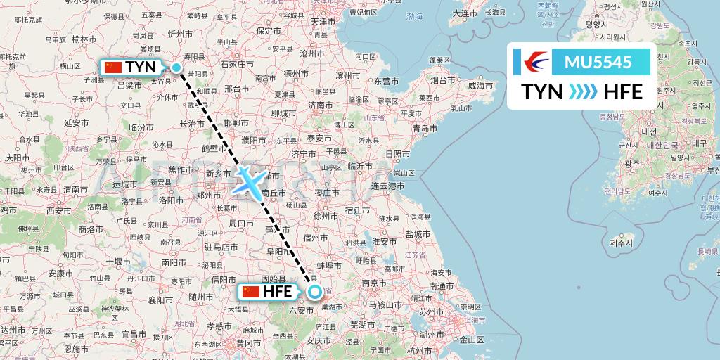 MU5545 China Eastern Airlines Flight Map: Taiyuan to Hefei