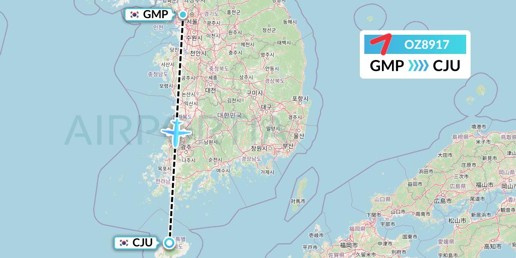 OZ8917 Asiana Airlines Flight Map: Seoul to Jeju
