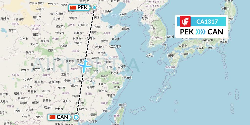 CA1317 Air China Flight Map: Beijing to Guangzhou