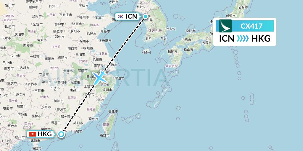 CX417 Cathay Pacific Flight Map: Seoul to Hong Kong
