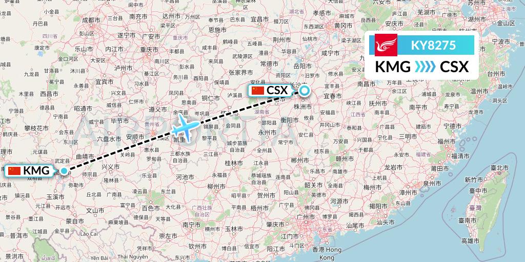 KY8275 Kunming Airlines Flight Map: Kunming to Changsha