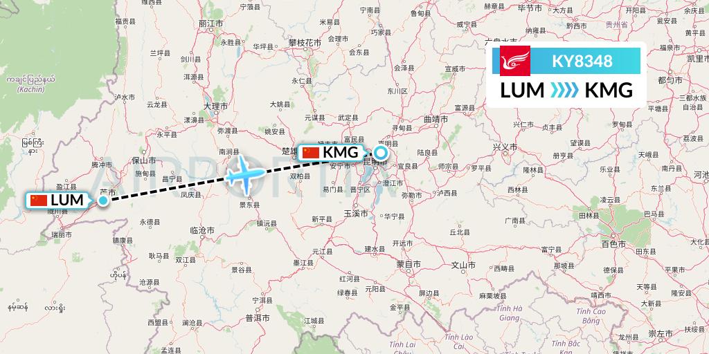 KY8348 Kunming Airlines Flight Map: Mangshi to Kunming