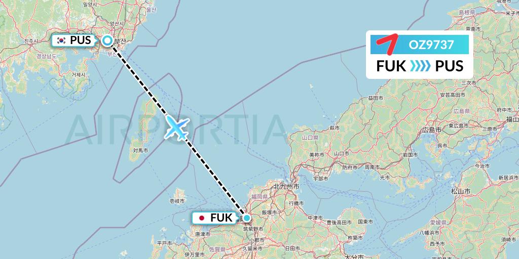 OZ9737 Asiana Airlines Flight Map: Fukuoka to Busan
