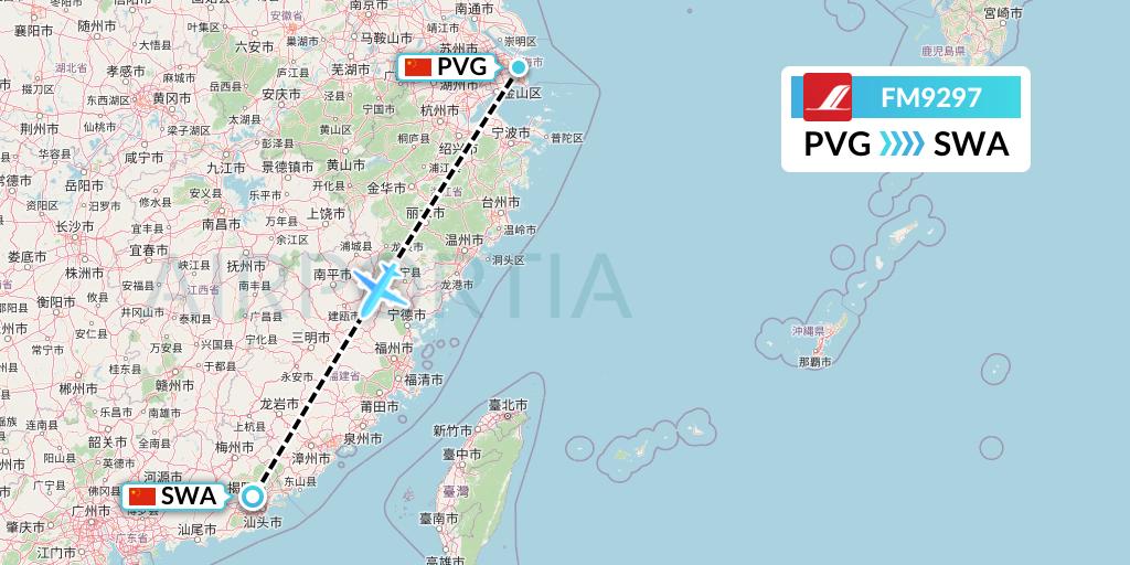 FM9297 Shanghai Airlines Flight Map: Shanghai to Jieyang
