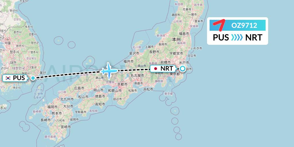 OZ9712 Asiana Airlines Flight Map: Busan to Tokyo
