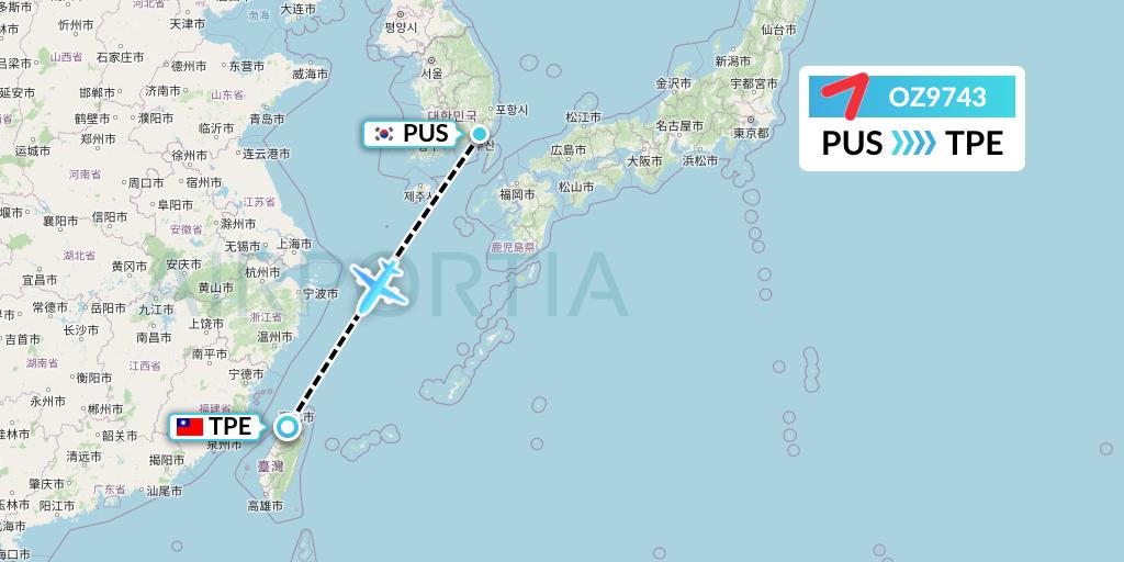 OZ9743 Asiana Airlines Flight Map: Busan to Taipei