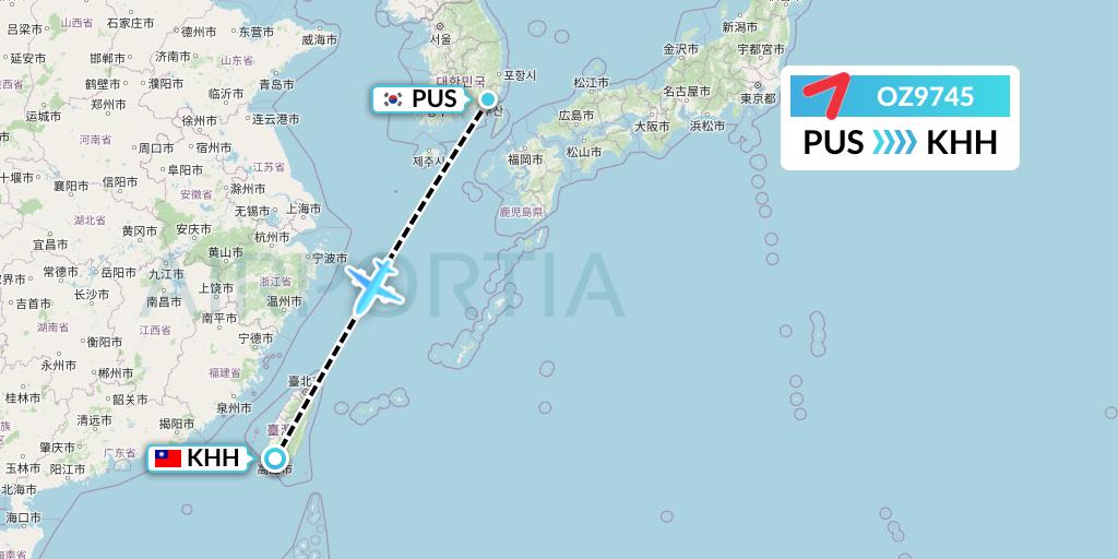 OZ9745 Asiana Airlines Flight Map: Busan to Kaohsiung