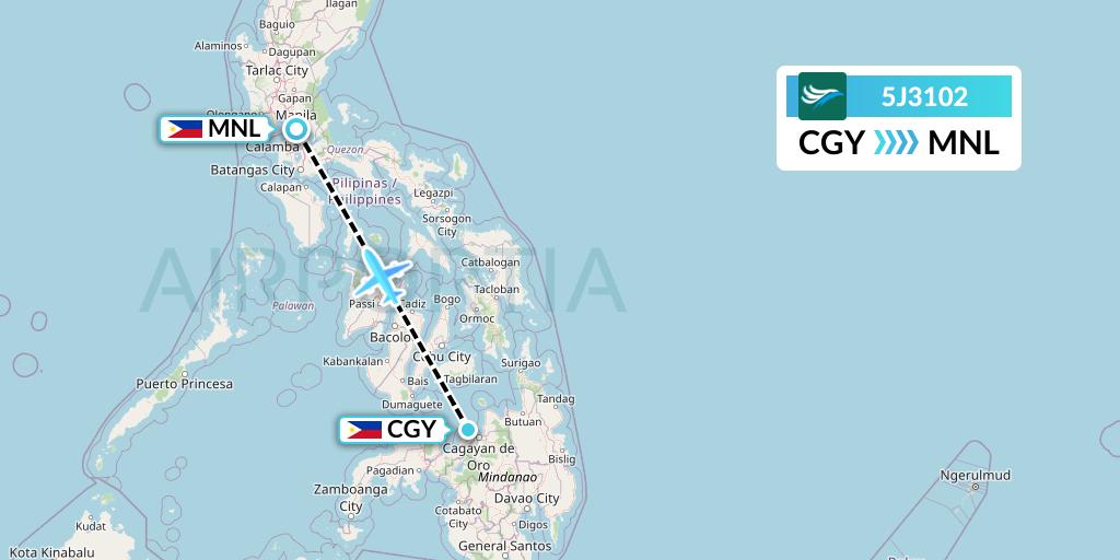 5J3102 CEBU Pacific Air Flight Map: Cagayan de Oro to Manila