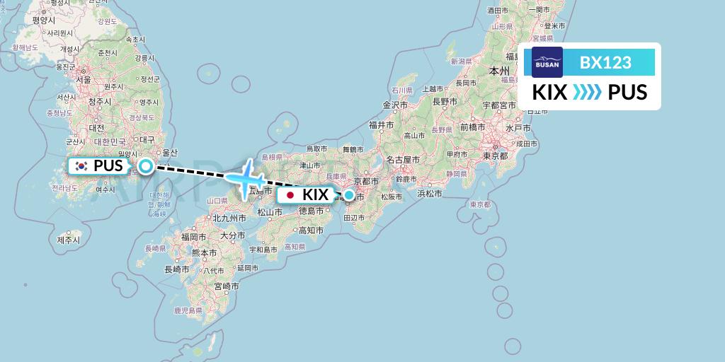 BX123 Air Busan Flight Map: Osaka to Busan