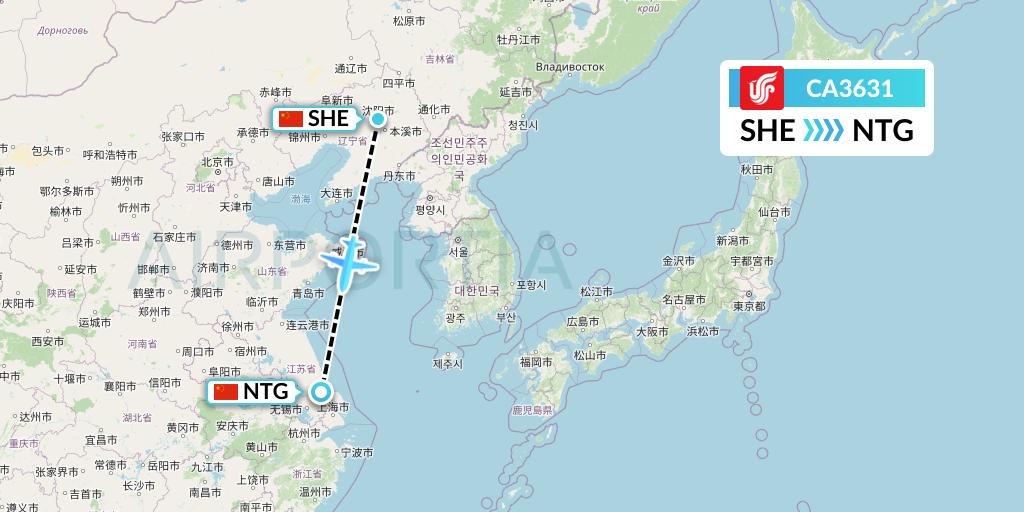 CA3631 Air China Flight Map: Shenyang to Nantong