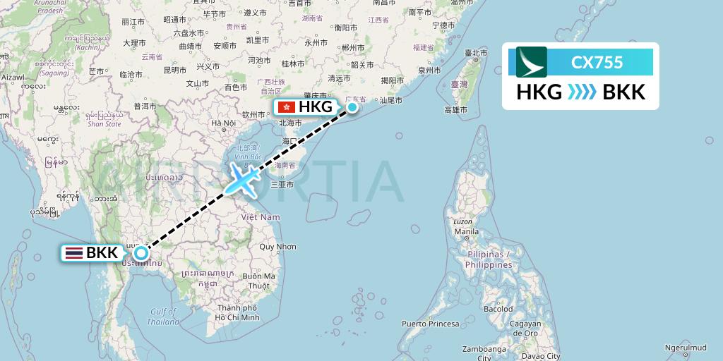CX755 Cathay Pacific Flight Map: Hong Kong to Bangkok