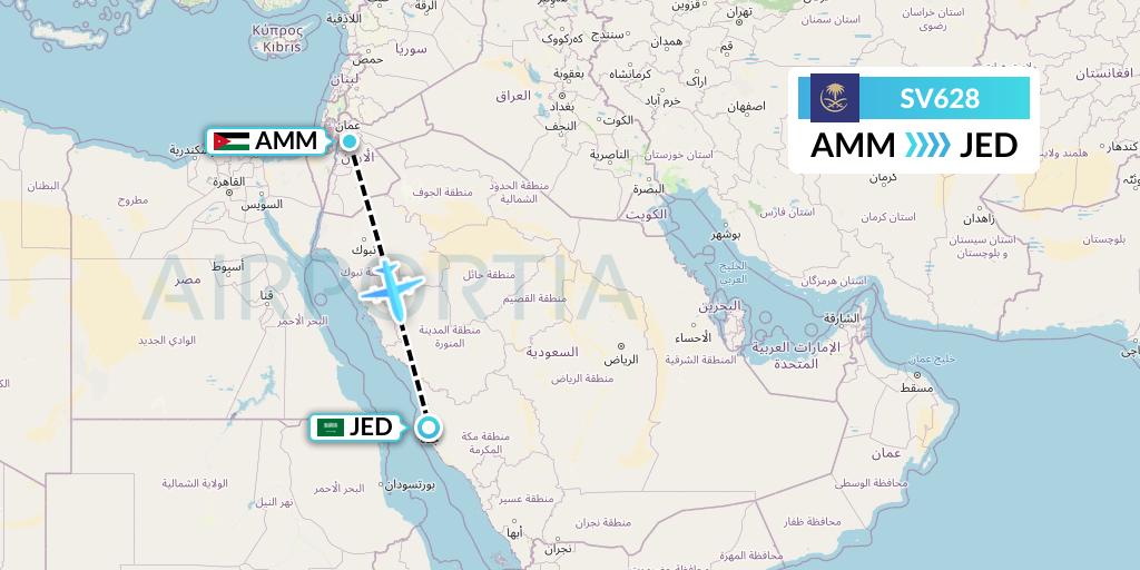 SV628 Saudi Arabian Airlines Flight Map: Amman to Jeddah