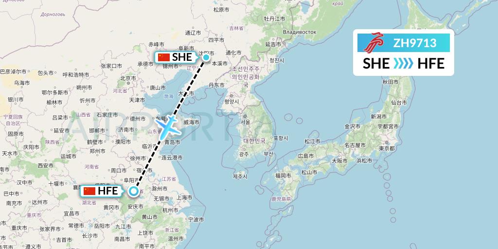 ZH9713 Shenzhen Airlines Flight Map: Shenyang to Hefei