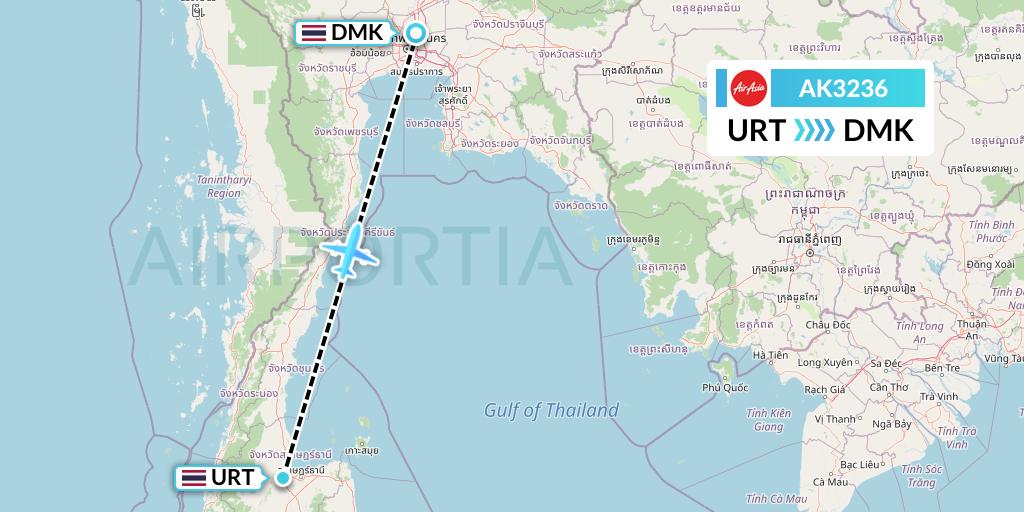 AK3236 AirAsia Flight Map: Surat Thani to Bangkok