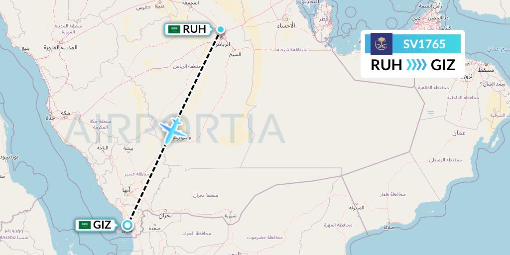 SV1765 Saudi Arabian Airlines Flight Map: Riyadh to Jizan