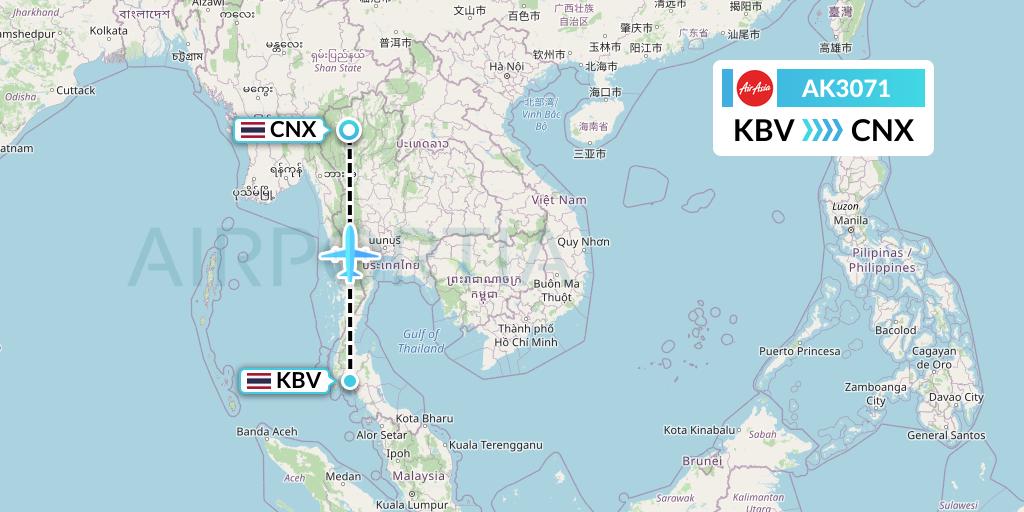 AK3071 AirAsia Flight Map: Krabi to Chiang Mai