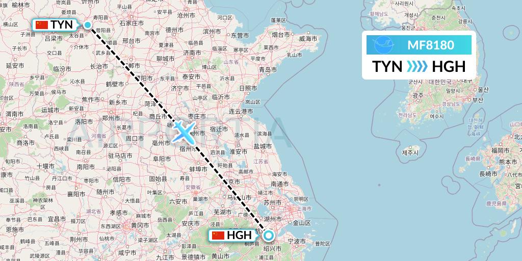 MF8180 Xiamen Airlines Flight Map: Taiyuan to Hangzhou
