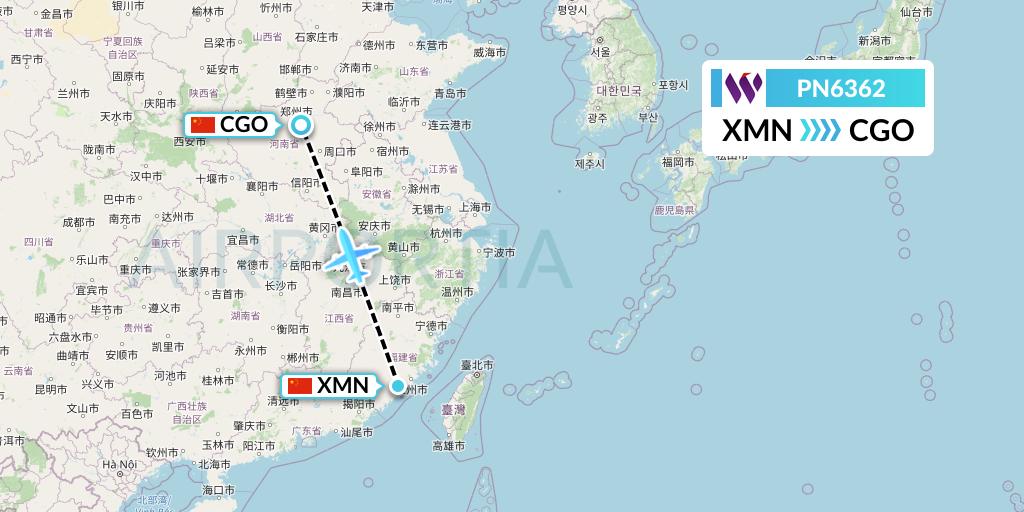 PN6362 China West Air Flight Map: Xiamen to Zhengzhou