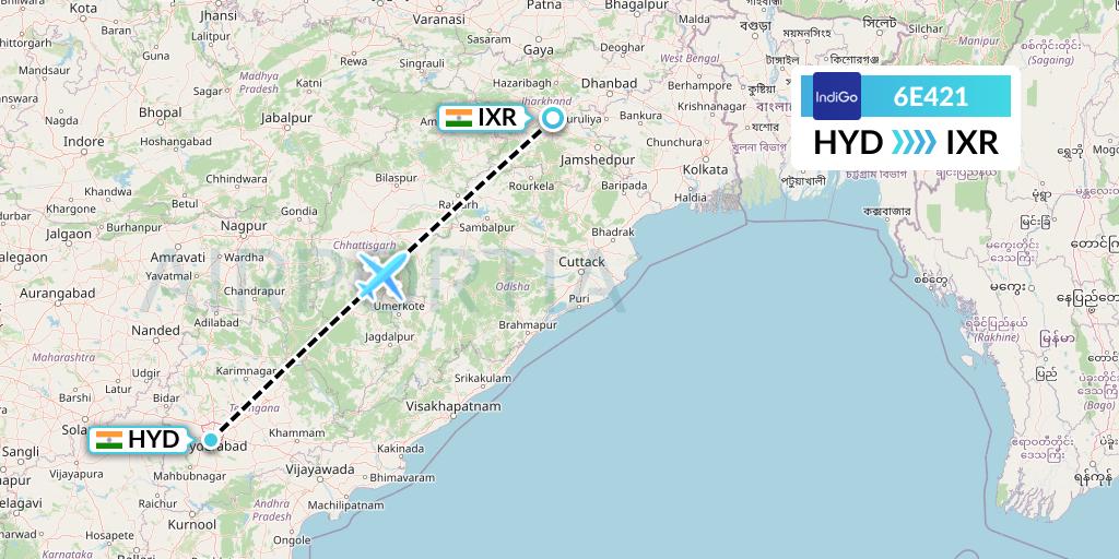 6E421 IndiGo Airlines Flight Map: Hyderabad to Ranchi