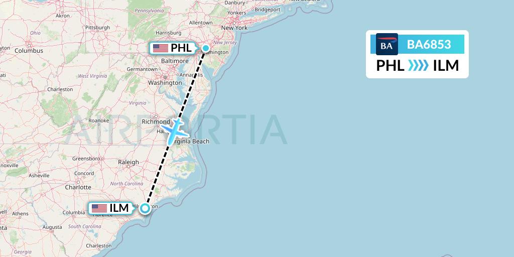 BA6853 British Airways Flight Map: Philadelphia to Wilmington