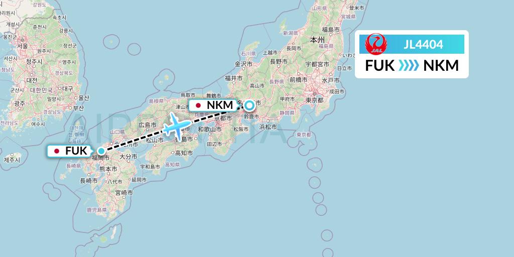 JL4404 Japan Airlines Flight Map: Fukuoka to Nagoya