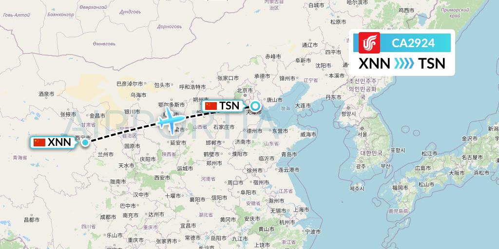 CA2924 Air China Flight Map: Xining to Tianjin
