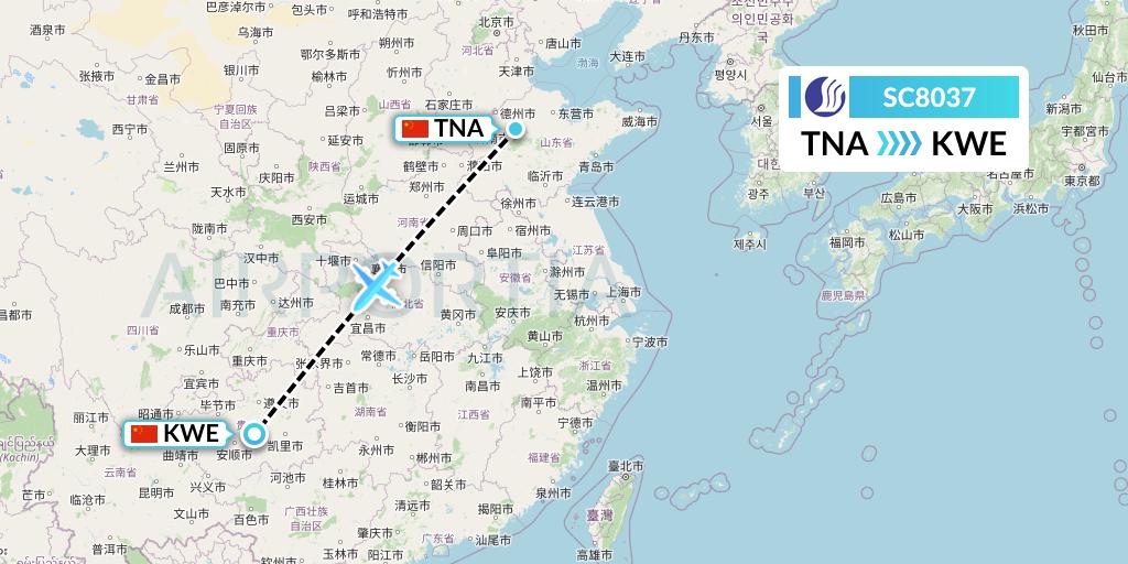 SC8037 Shandong Airlines Flight Map: Jinan to Guiyang