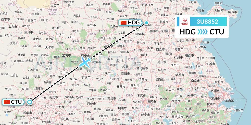 3U8852 Sichuan Airlines Flight Map: Handan to Chengdu