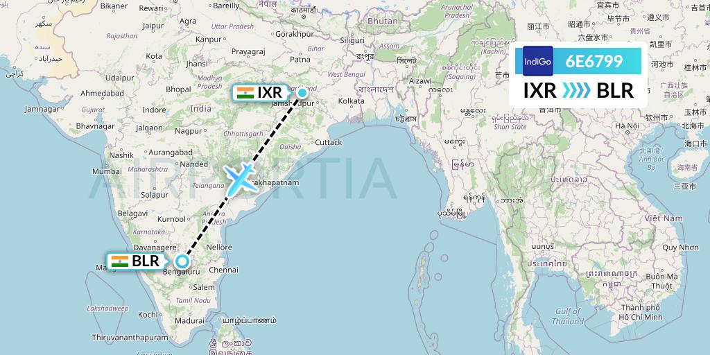 6E6799 IndiGo Airlines Flight Map: Ranchi to Bangalore